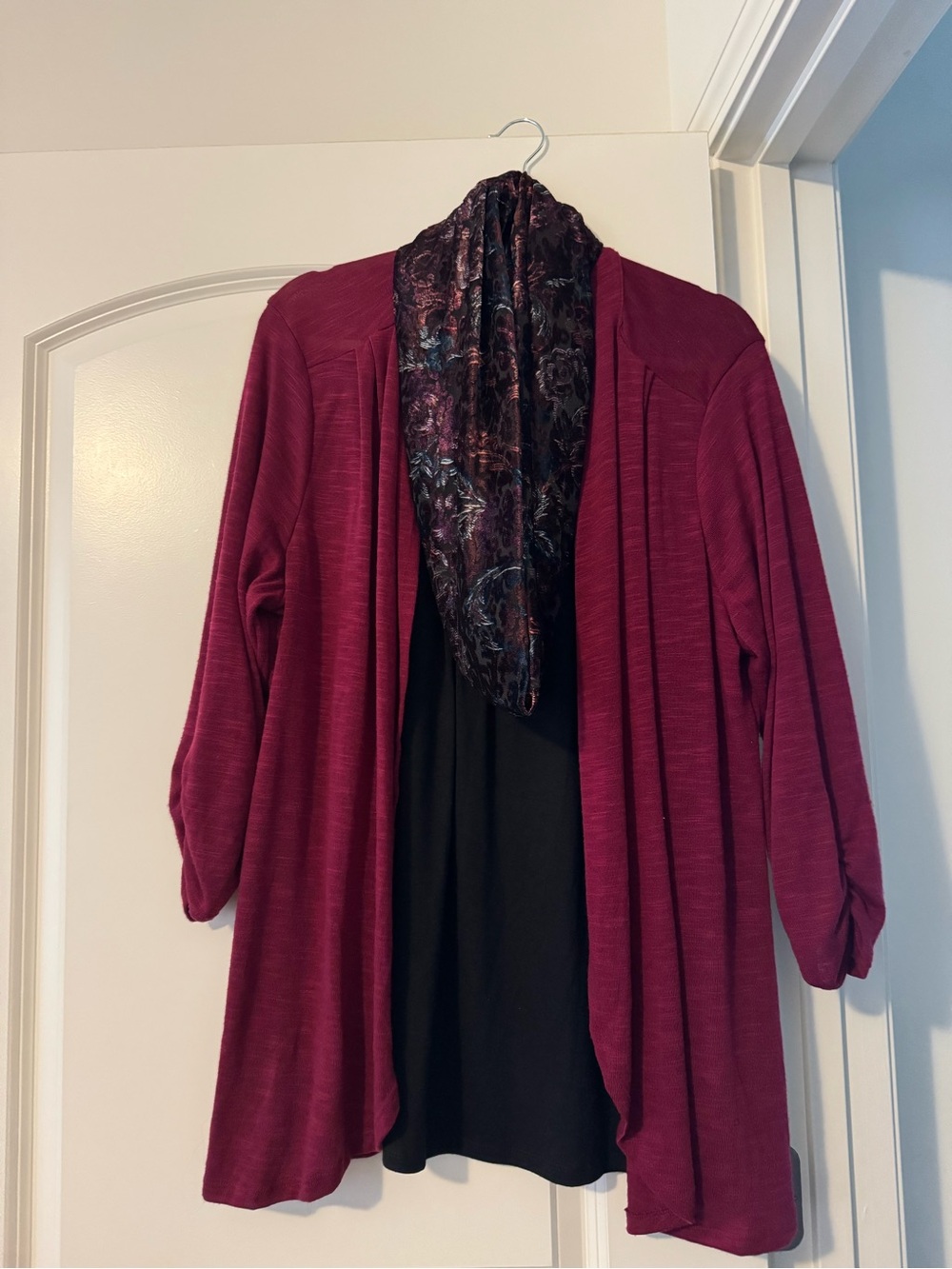 Kim Rogers Burgundy Open-Front Layered Cardigan with Black Inner